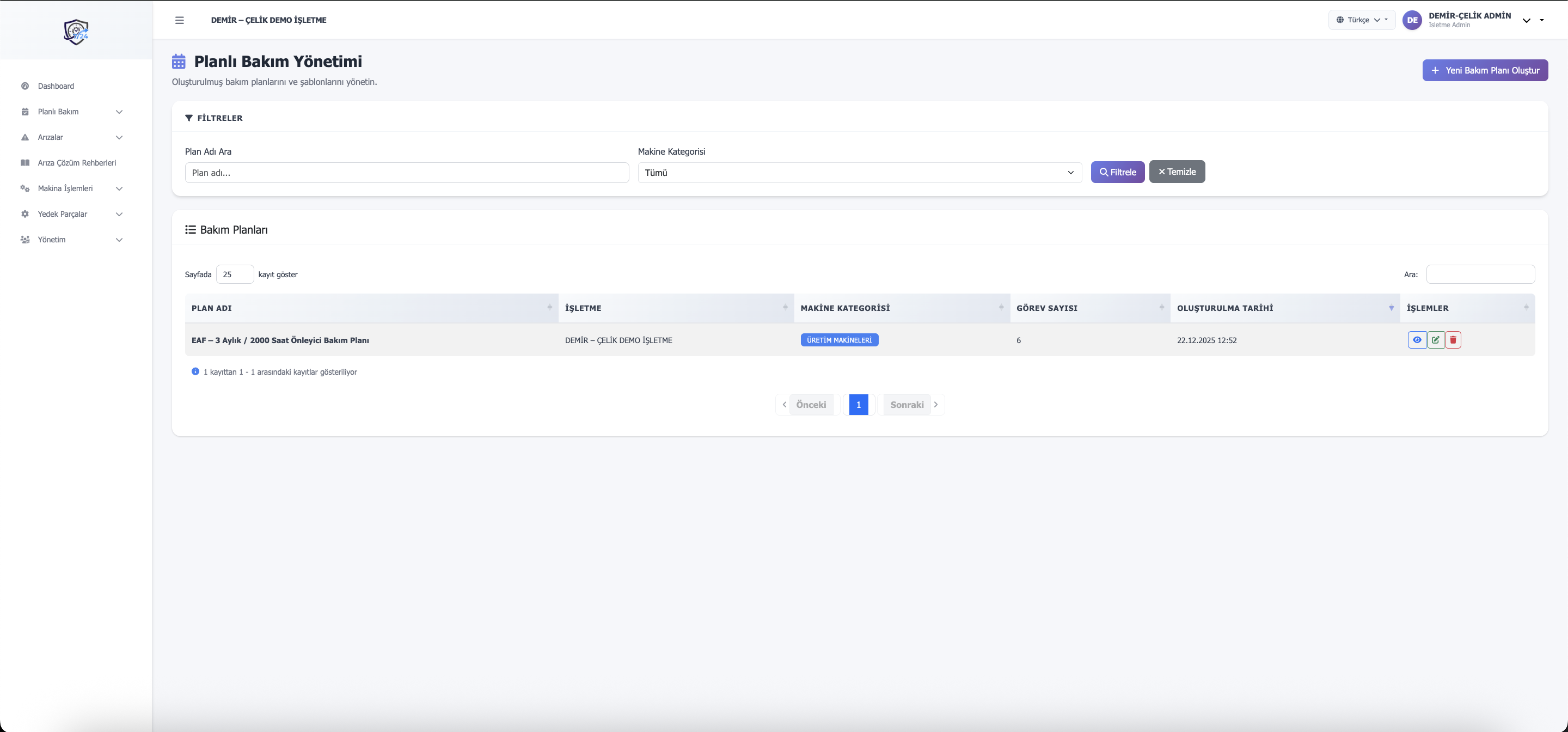 Bakım planları listesi