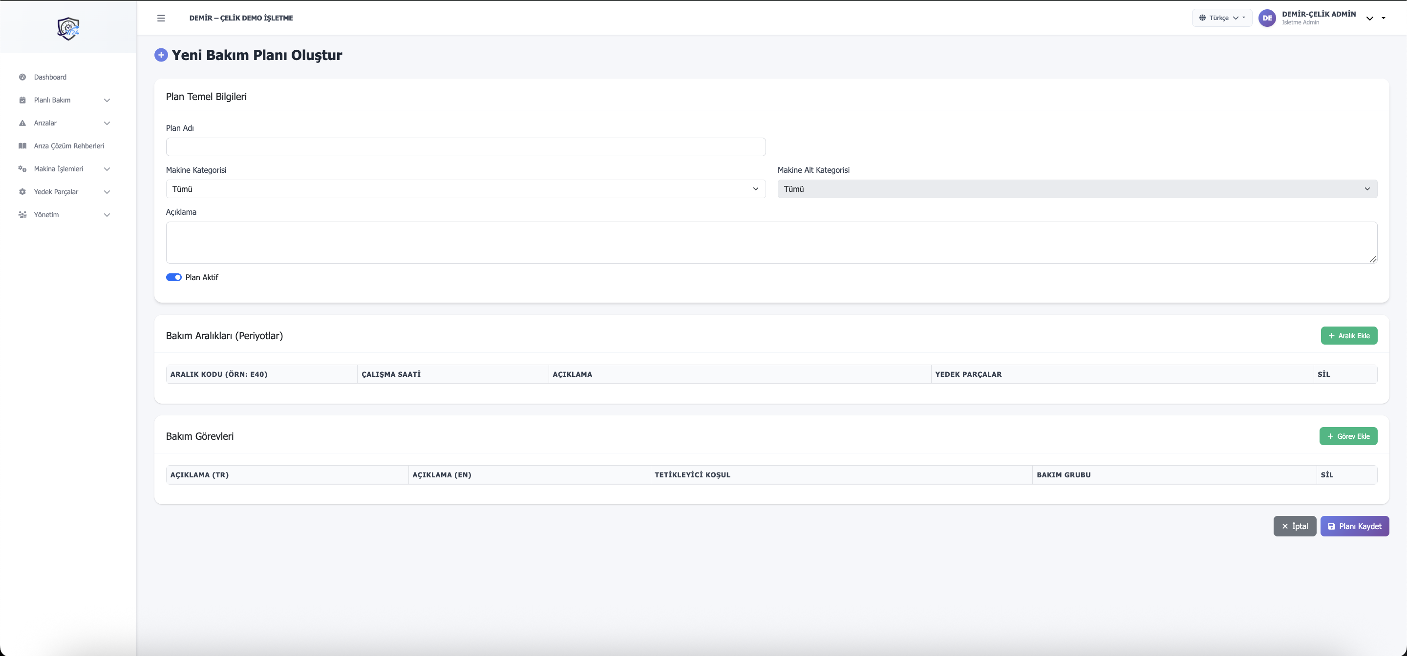 Bakım planı oluşturma